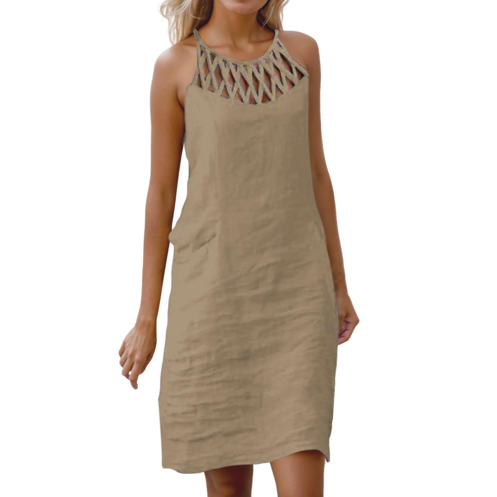 thumbnail image 1 of Vestido veraniego floral con cuello hueco y corte A para mujer 2025: vestido informal de playa con bolsillos, 1 of 5